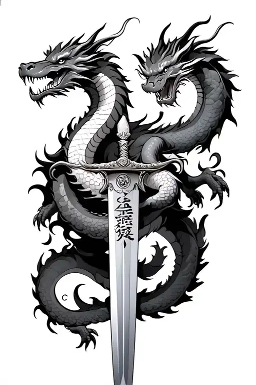 Chinees Dragon On Sword Wrapped Around Sitting On Top Of The Sword