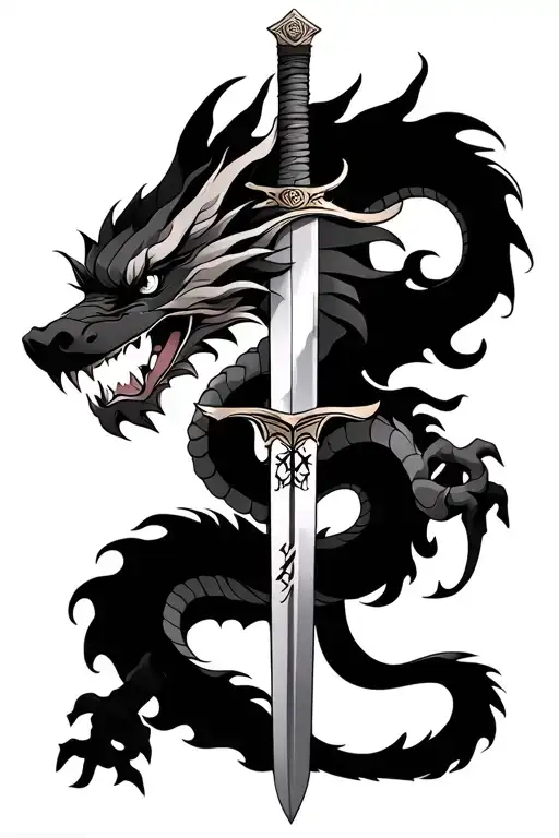 One Chinese Dragon Wrapped Around A Sword With His Face And 2 Of His Legs On The Handle Of The Sword