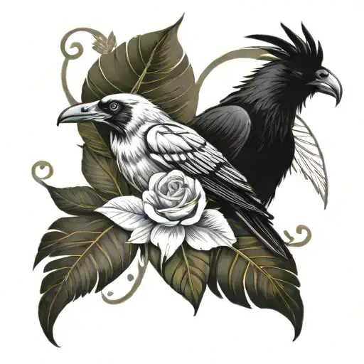 Combine A Skull And Raven With Tropical Flowers And Leaves In A Black And Grey Style