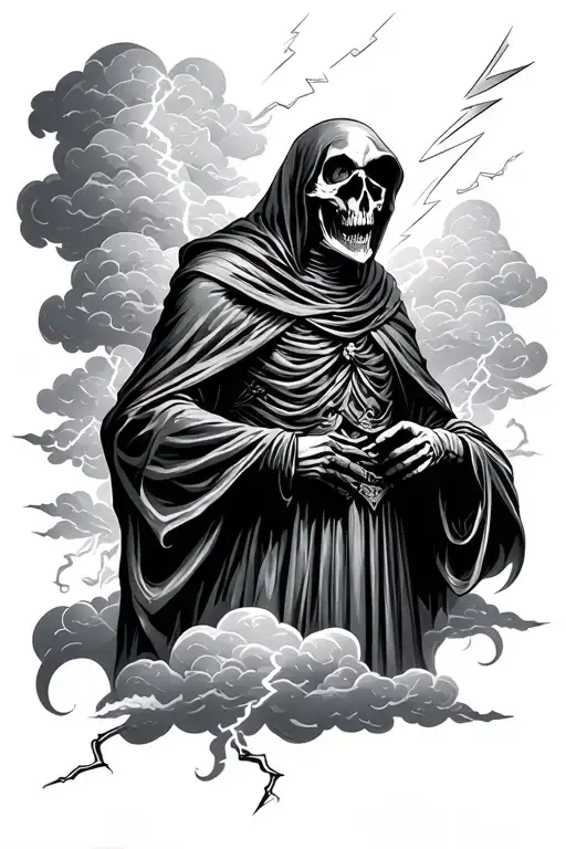 Grim Reaper In Clouds And Lightning Bolts