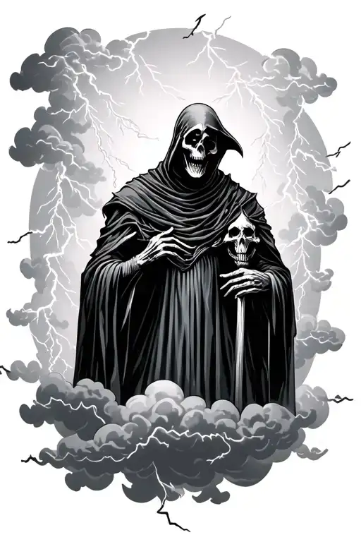 Grim Reaper In Clouds And Lightning Bolts