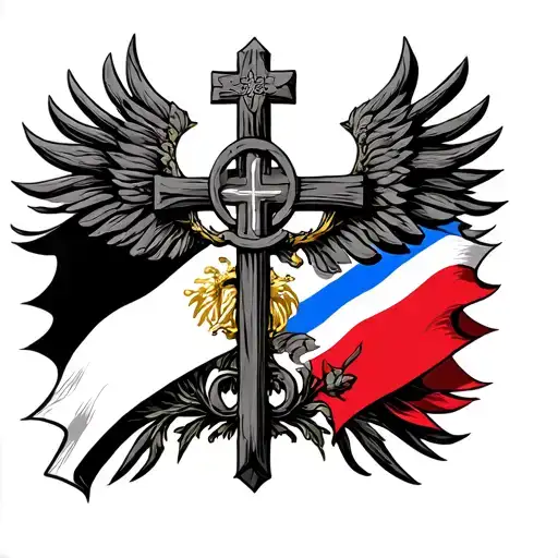 Polish And Armenian Flags Intertwined With A Catholic Cross In Between