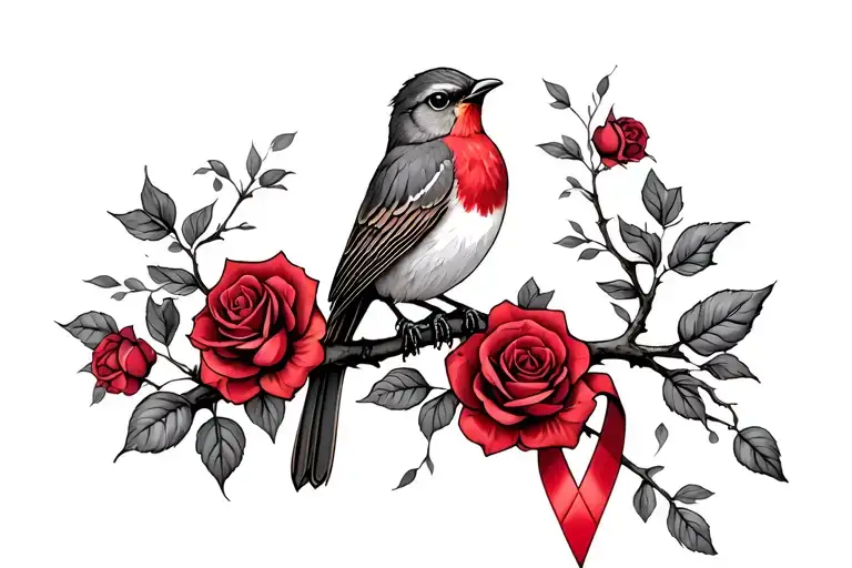 Robin Sitting On Branch Surrounded By Red Roses With A Cancer Ribbon Hanging Off The End Of Branch