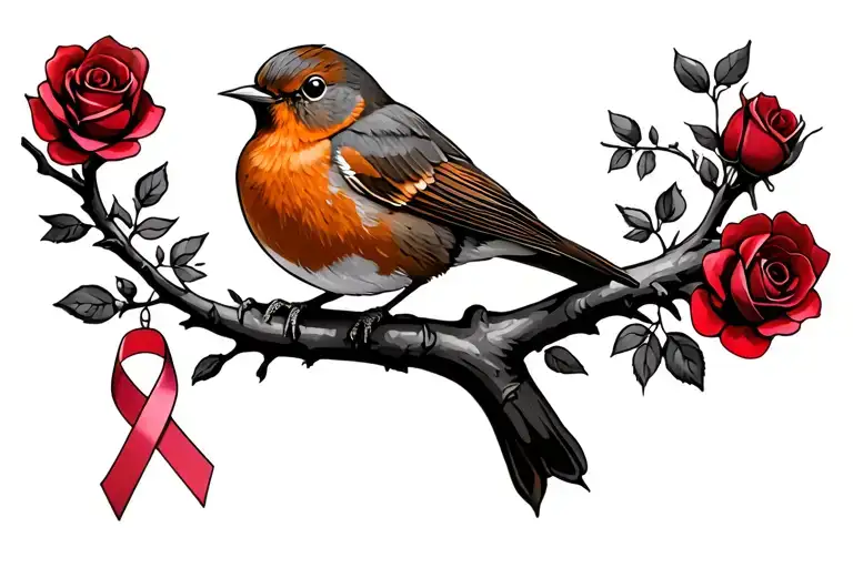 Robin Sitting On Branch Surrounded By Red Roses With A Cancer Ribbon Hanging Off The End Of Branch