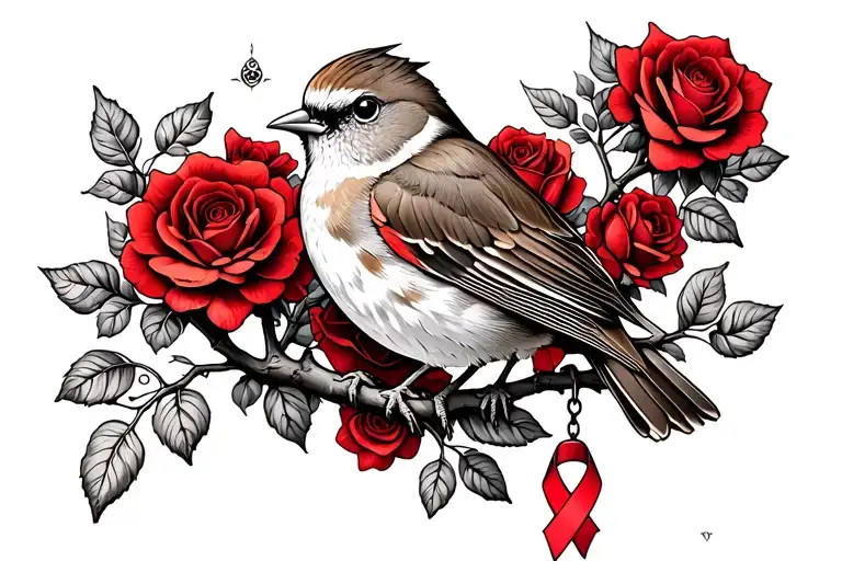 Robin Sitting On Branch Surrounded By Red Roses With A Cancer Ribbon Hanging Off The End Of Branch