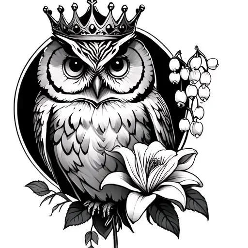 Owl With A Crown Holding A Rose And Lily Of The Valley