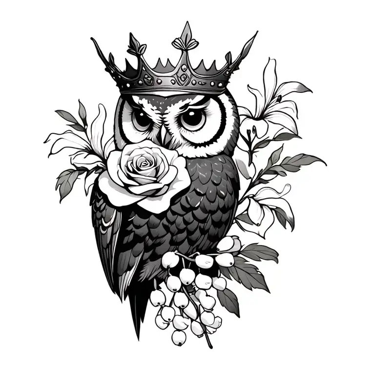 Owl With A Crown Holding A Rose And Lily Of The Valley
