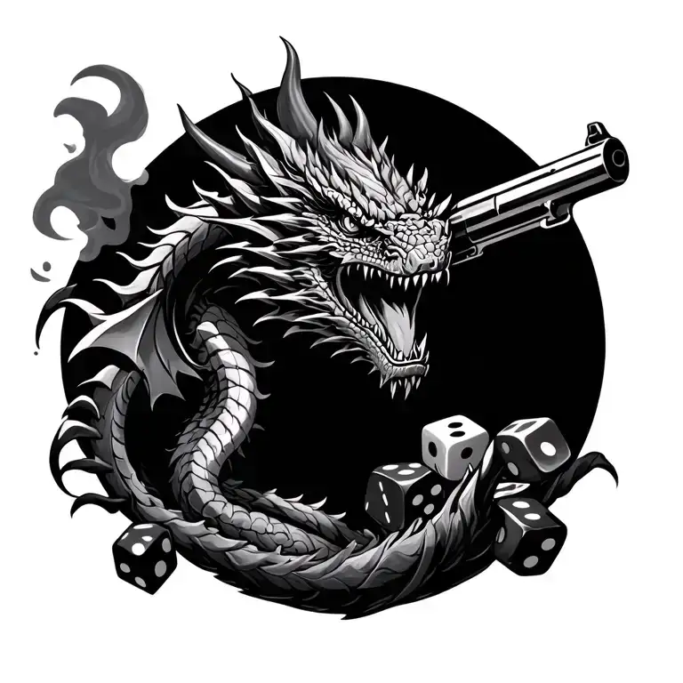 Dragon With Gun And Dice Rolling Smoke