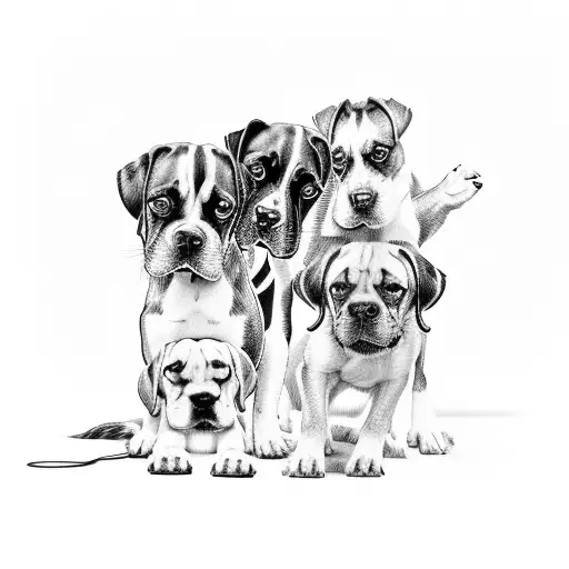 Group Of Dogs With Two Boxers One Huski And One Beagle