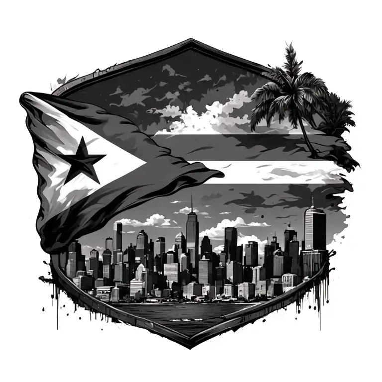 Puerto Rico Flag And Chicago Skyline