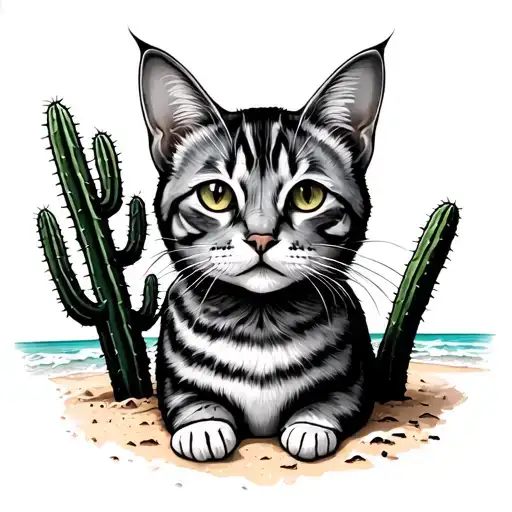 Cat On The Beach With A Cactus