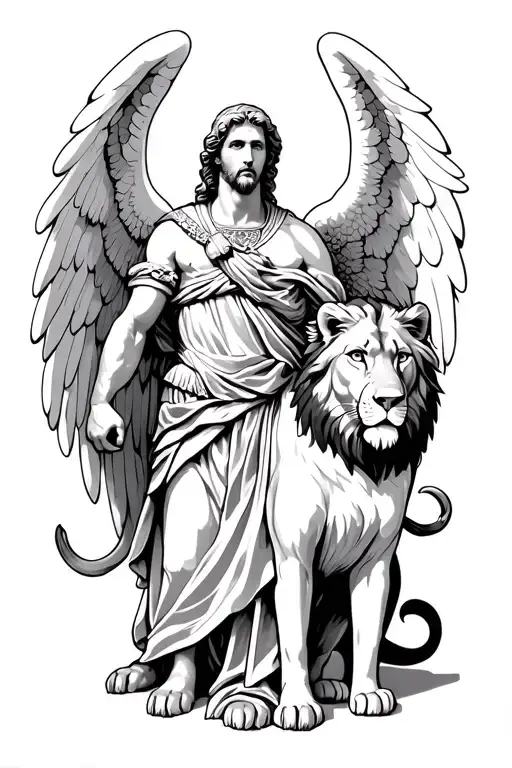 Saint Micheal The Archangel With A Lion By His Side