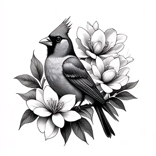 Male Cardinal Surrounded By Magnolia Flowers