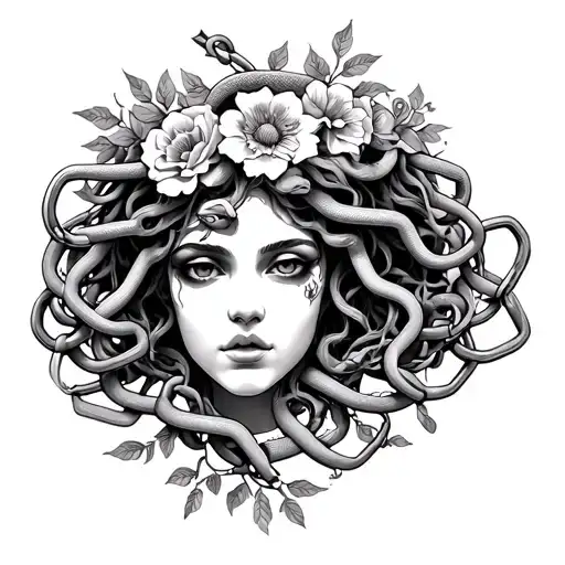 Medusa Head Surrounded By Chains Flowers Vines And Snakes
