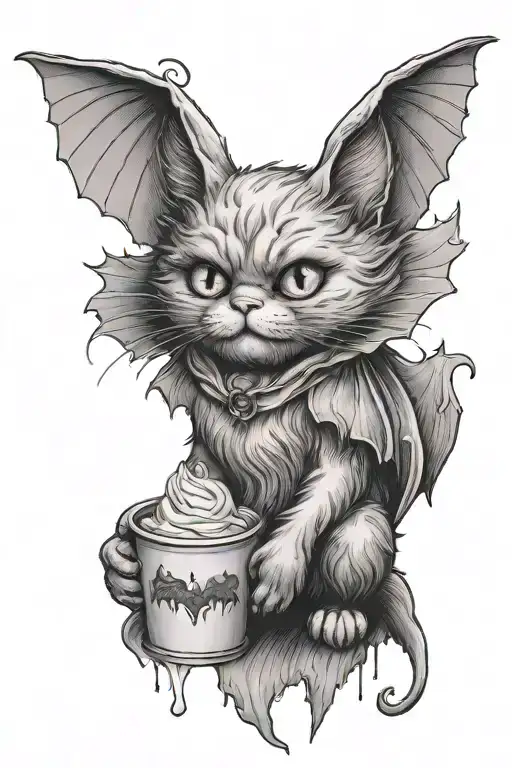 Fluffy Cat With Bat Wings Holding A Cupxake