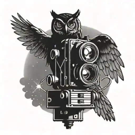 A Silhouette Of An Owl Flying Through A Night Sky Filled With Film Projectors And Reels