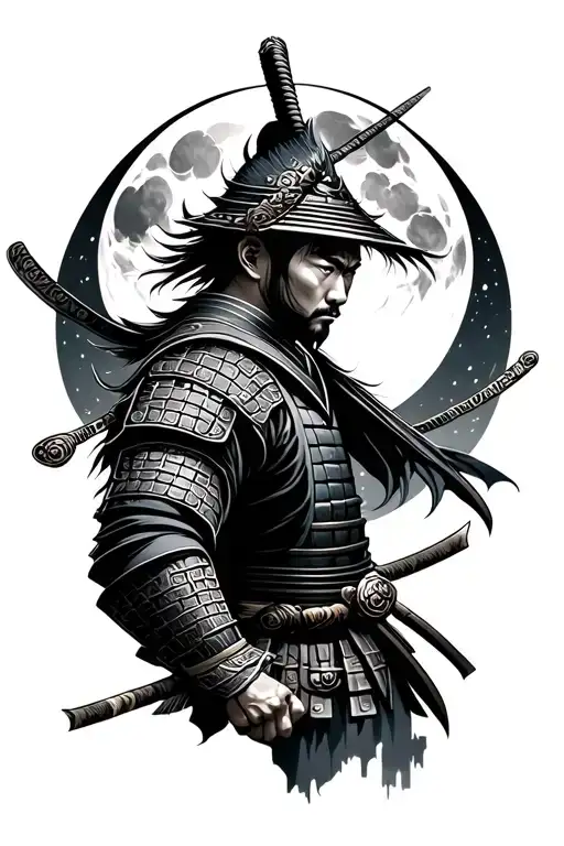 A Upper Sleeve Tattoo For Men With A Samurai With A Moon Behind His Back