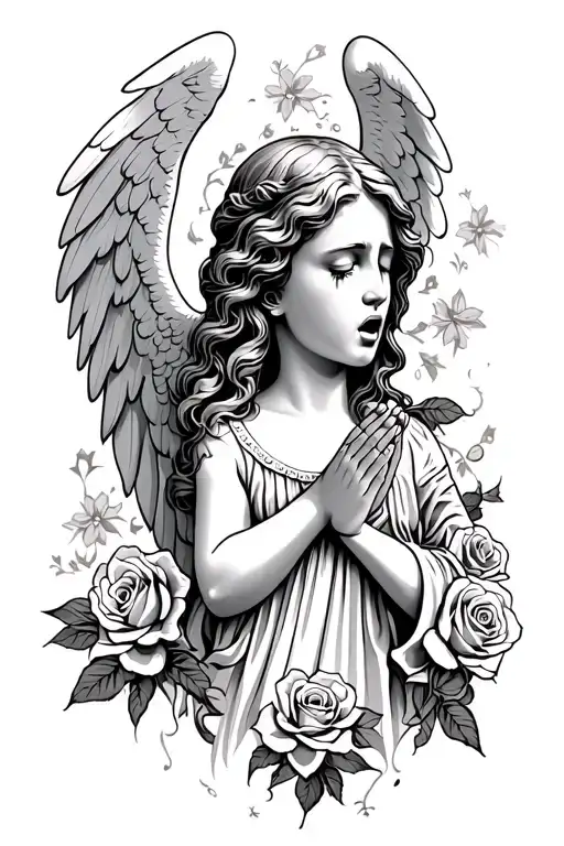 Angel Praying And Crying With Roses