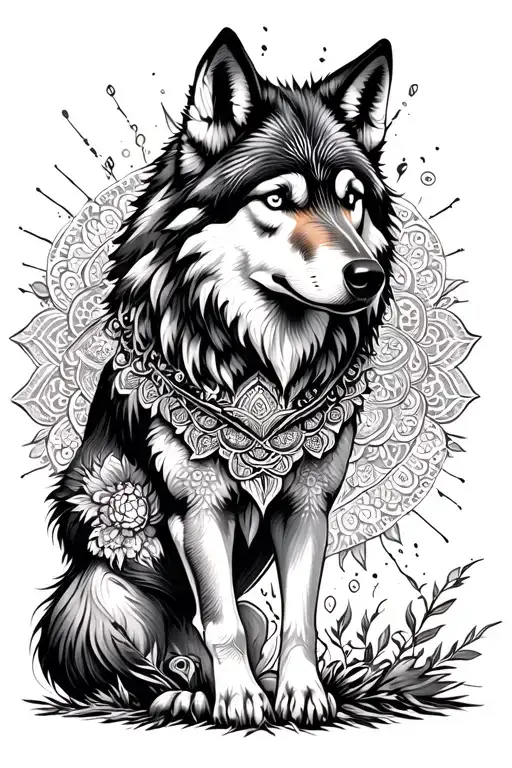 Wolf And Mandala Design Incorporating Elements