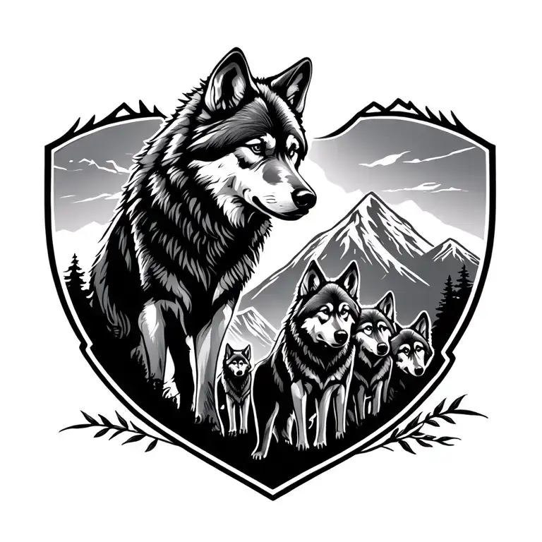 Wolf Pack Symbolizing Your Wife And 4 Kid Looking From Mountain