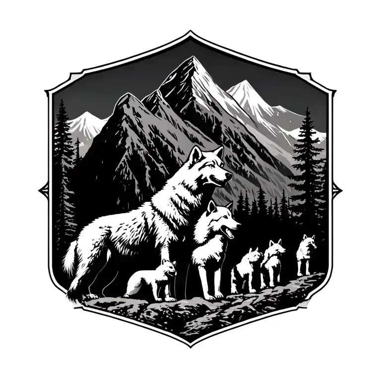 Wolf Pack With Alfa Protecting Wife And 4 Kid Looking From Mountain