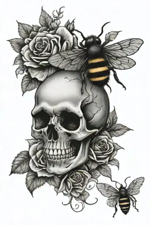 Skull And Roses With A Bee