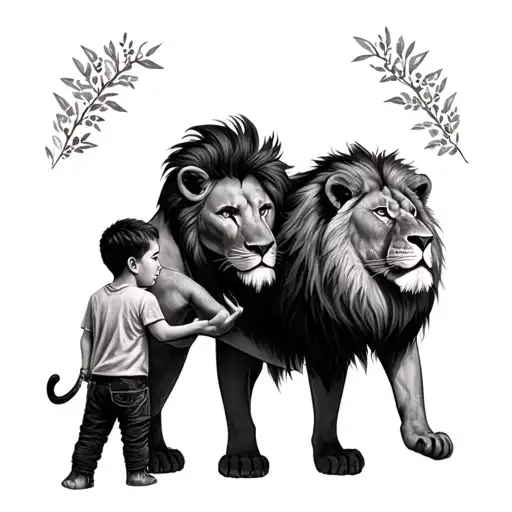 A Lion And A Kid Facing Each Other