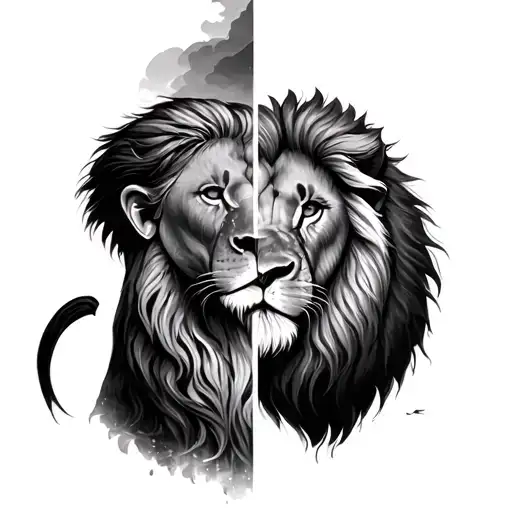 A Lion And A Kid Facing Each Other Half