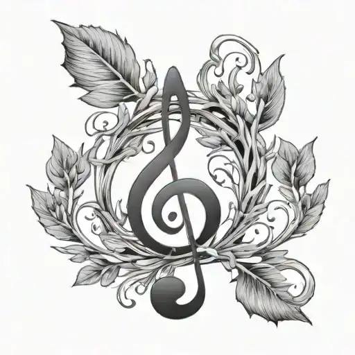 A Black-grey Tattoo Of A Music Note Intertwined With Branches And Leaves