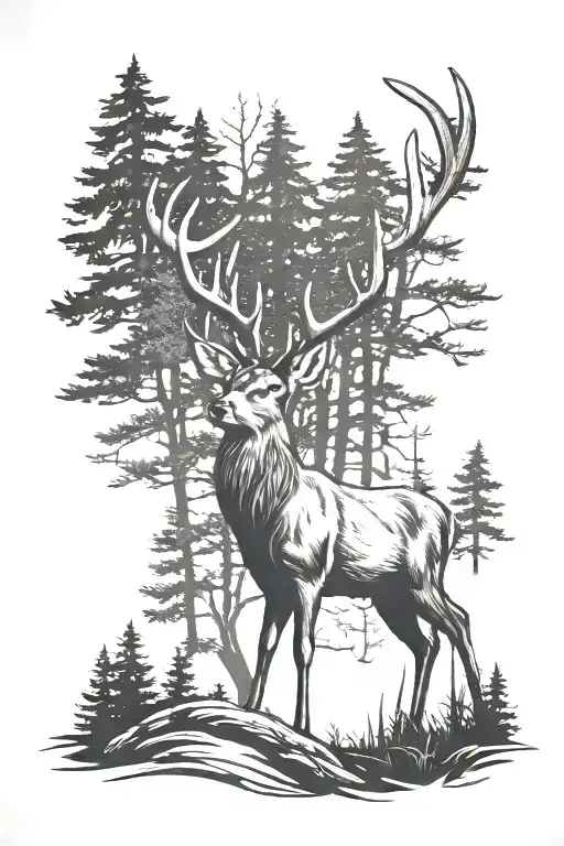 Whitetail Buck Silhouette In Foreground With Woods And Fox In Background