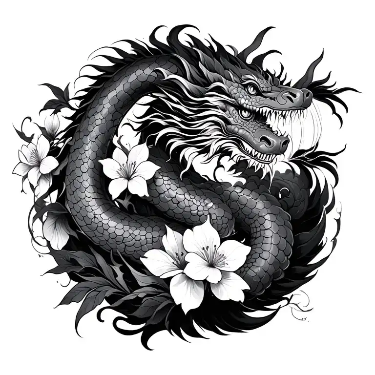 Japanese Dragon Wrapped Around Jasmine Flowers With Japanese Lanterns