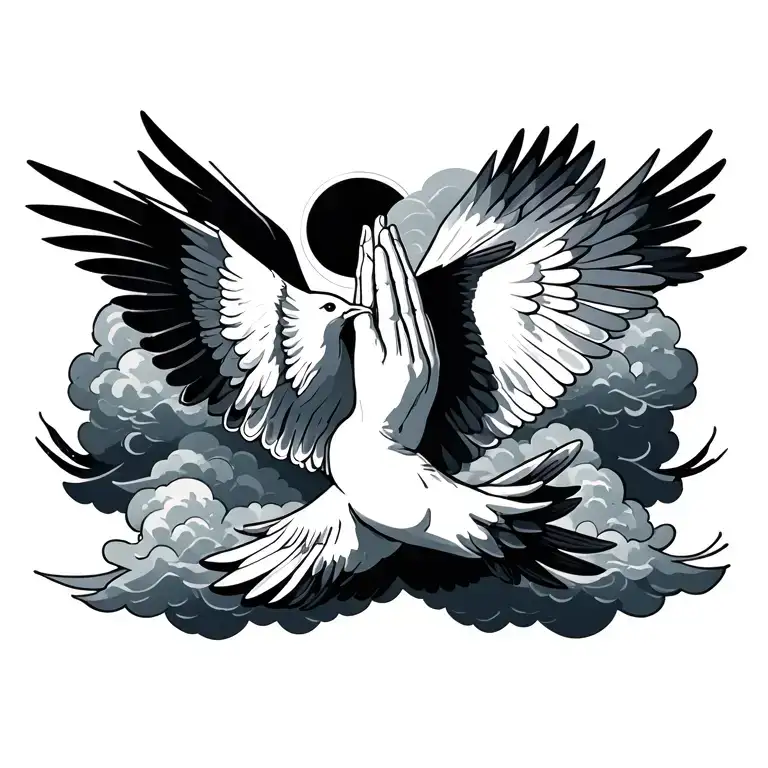 2 Doves Flying Clouds And Praying Hand