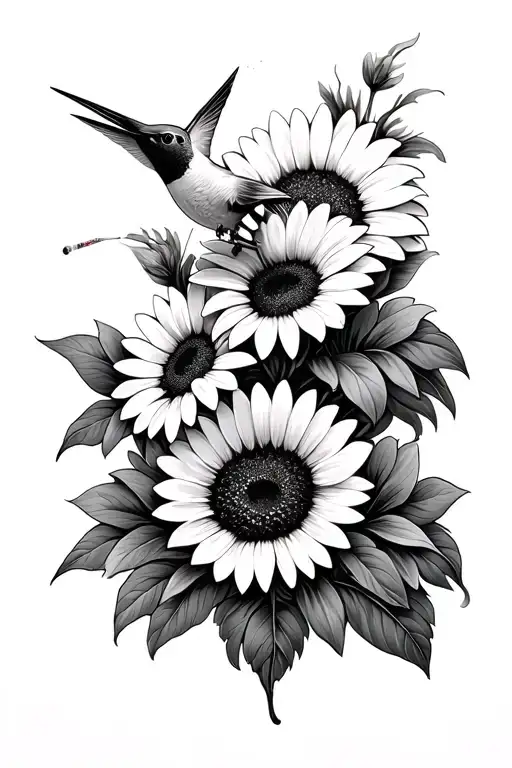 Simple Daisies Sunflowers Hummingbird Drinking Nectar