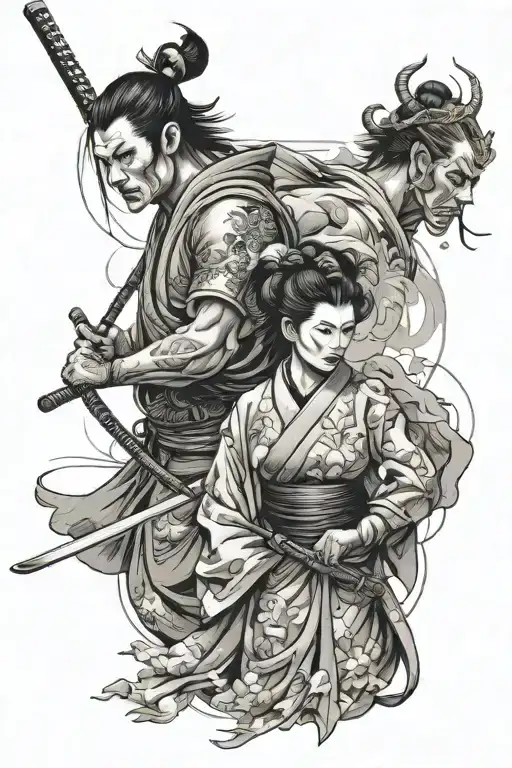 An Artistic Interpretation Of A Geisha And Samurai Facing Off In A Warzone