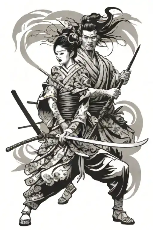 An Artistic Interpretation Of A Geisha And Samurai Facing Off In A Warzone