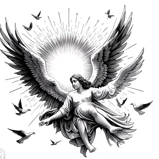 Angel Falling From Heaven Doves Flying Towards The Sun