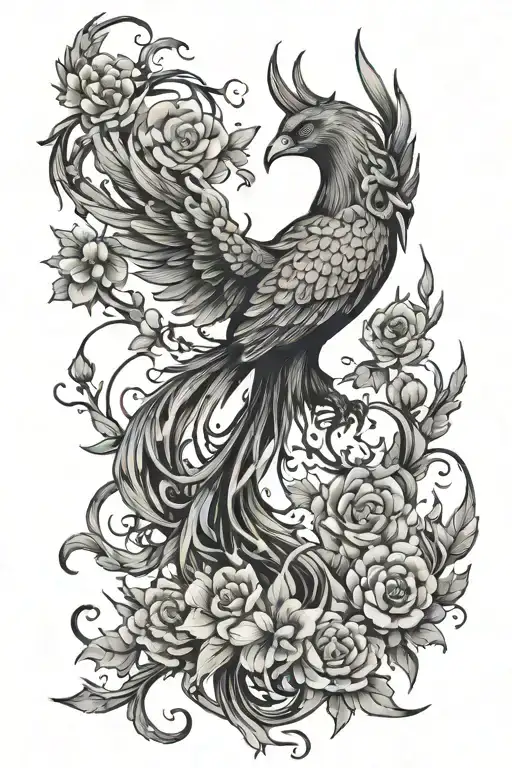 Phoenix And Flowers Forming Constellations Forming Ancient Symbols