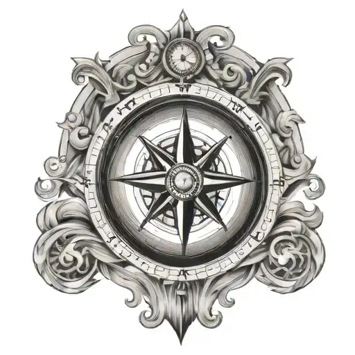 A Traditional Sailor's Compass Surrounded By Swirling Waves