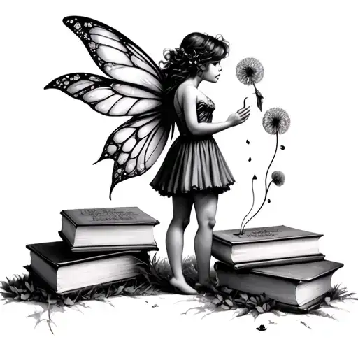 Fairy Standing On Four Books Blowing On A Dandylion