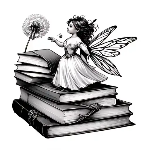 Chubby Fairy In Long Dress Standing On Four Books Blowing On A Dandylion