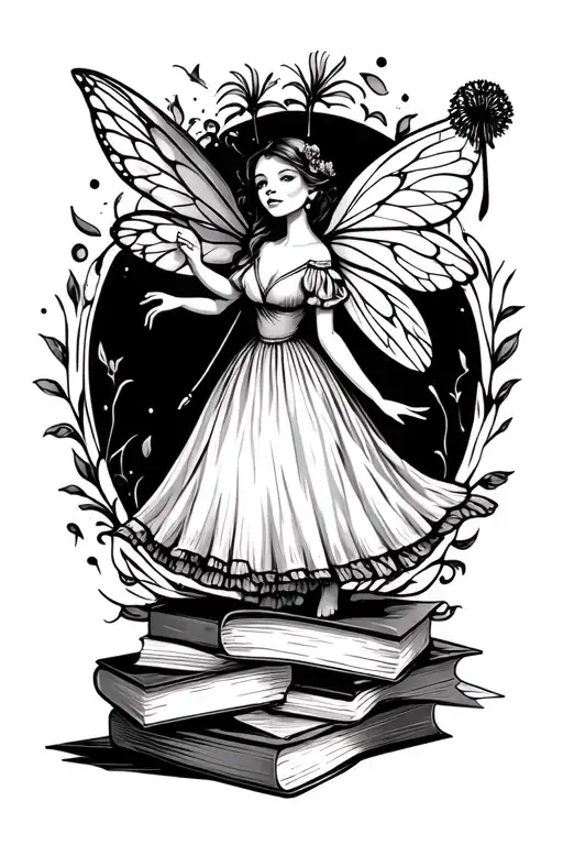 Chubby Fairy In Long Dress Standing On Four Books Blowing On A Dandylion