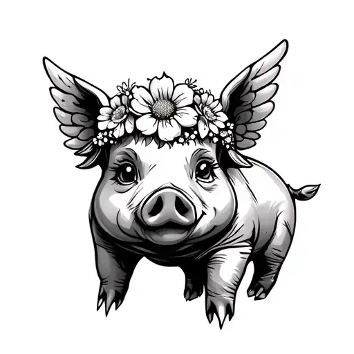 Cartoon Pig With Wings And Flower Crown