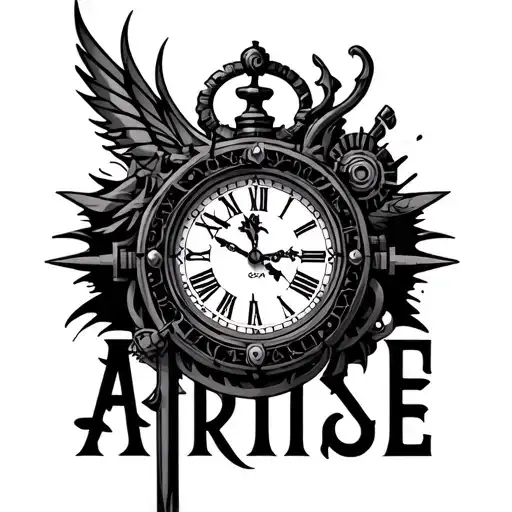 Tattoo Black And White With A Fairy Tail Logo And A Steampunk Clock And The Text Arise