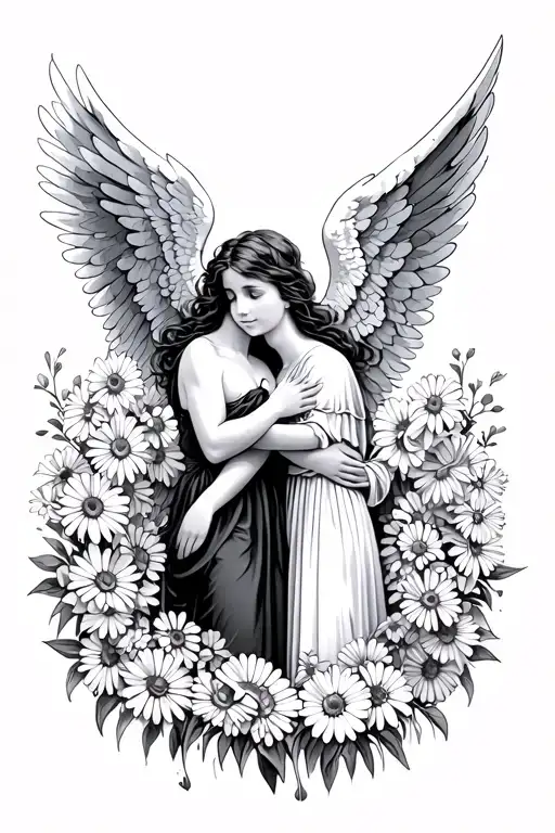 A Female Angel Wrapping Her Wings Around A Boy With A Border Of Daisies