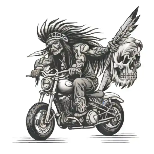 Native American Riding Chopper With Skull In His Hand