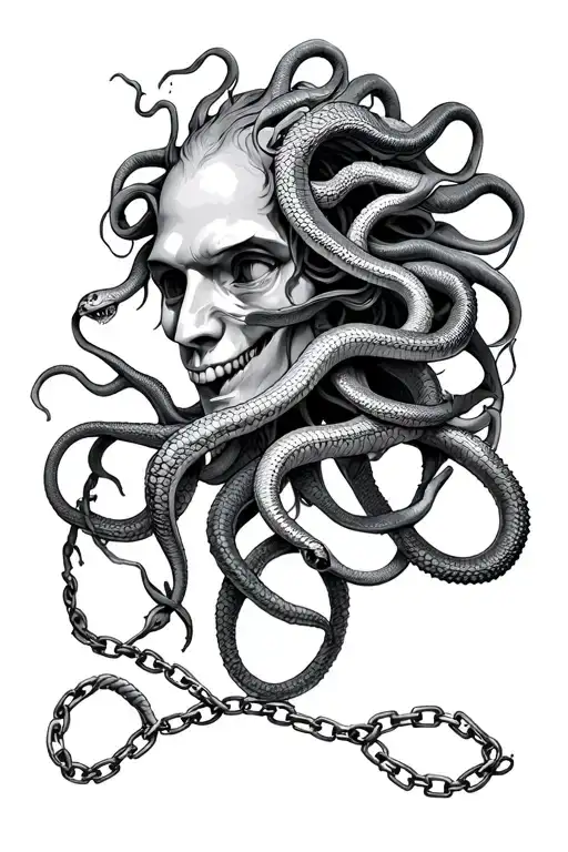Medusa Head With 11 Small Snakes And A Broken Chain