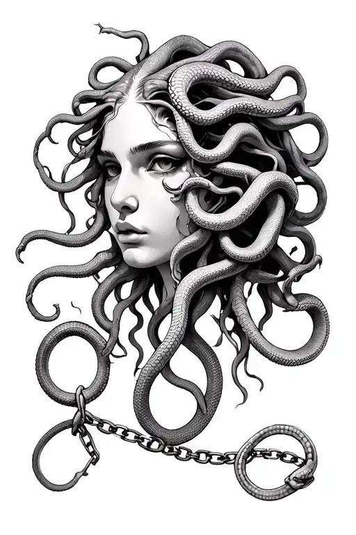 Female Medusa Head With 11 Small Snakes And A Broken Chain
