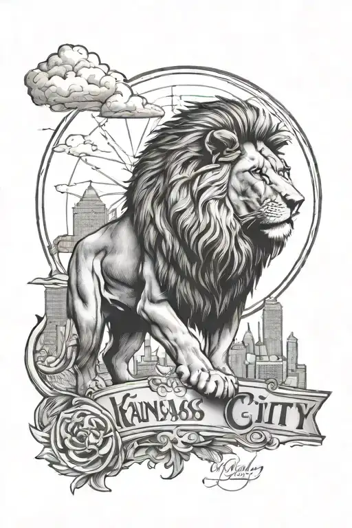Kansas City Skyline With A Lion Roaring In The Foreground