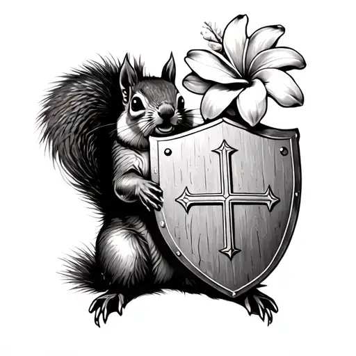 Squirrel Holding German Shield And Plumeria Flower Blooming