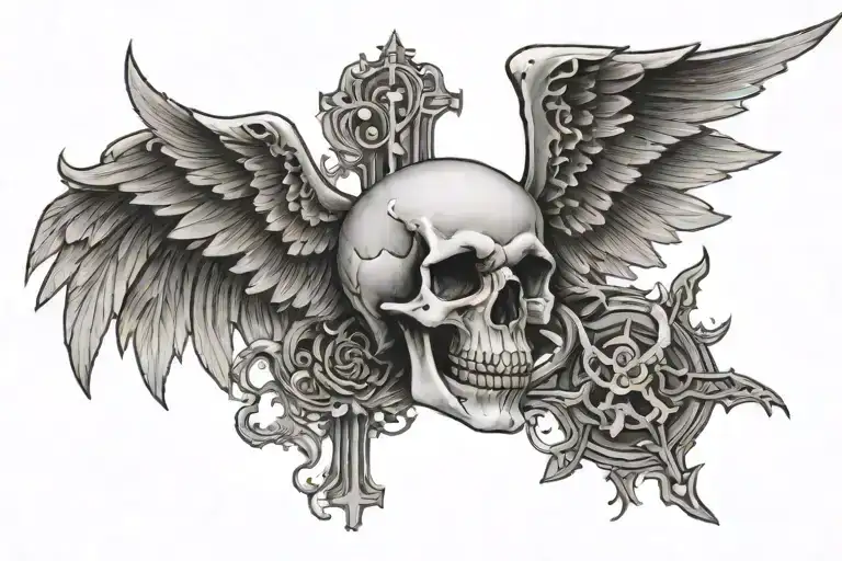 Skull With Wings And Cross In The Middle
